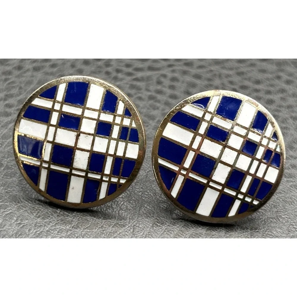 Vintage Gold Tone Blue Enamel Plaid Pattern Modernist MCM Enamel Cufflinks